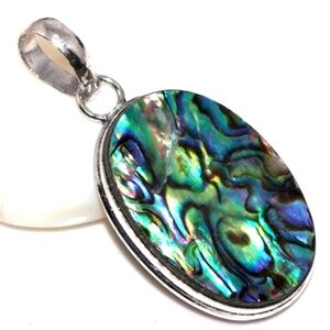 Abalone Shell 925 Silver Plated Natural  Gemstone Handmade Necklace Pendant 1.7"